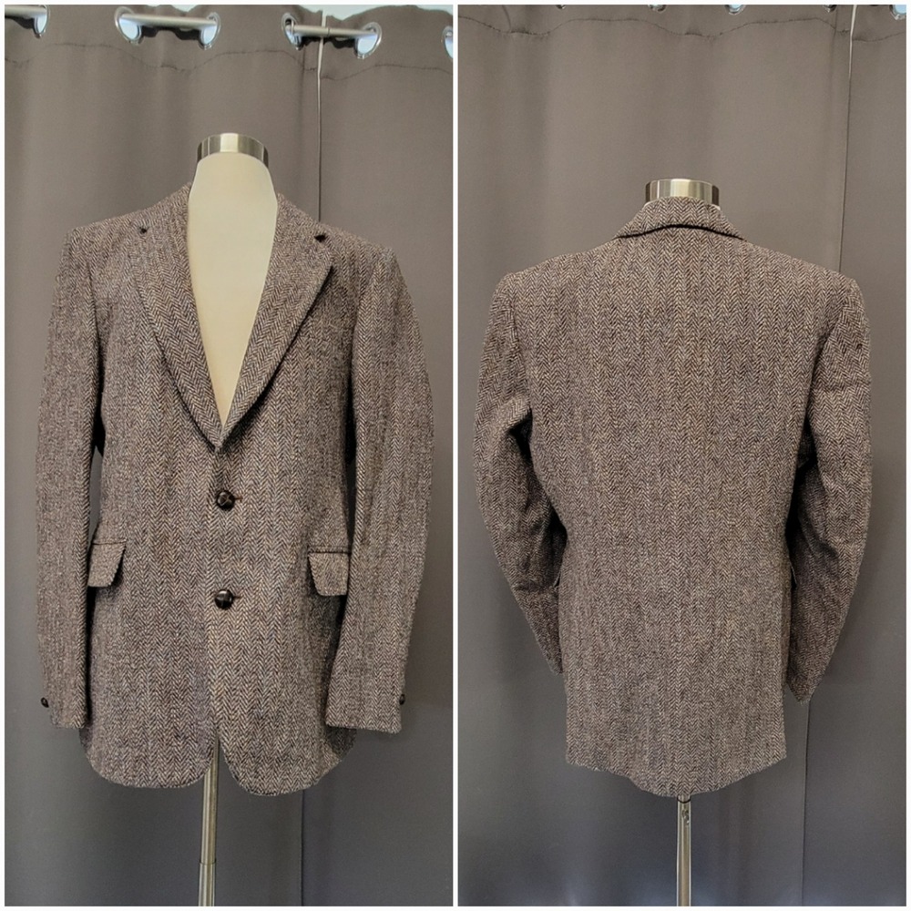 Vintage 80s  Harris Tweed Blazer Brown Herringbone‎ Wool Sport Coat 40R